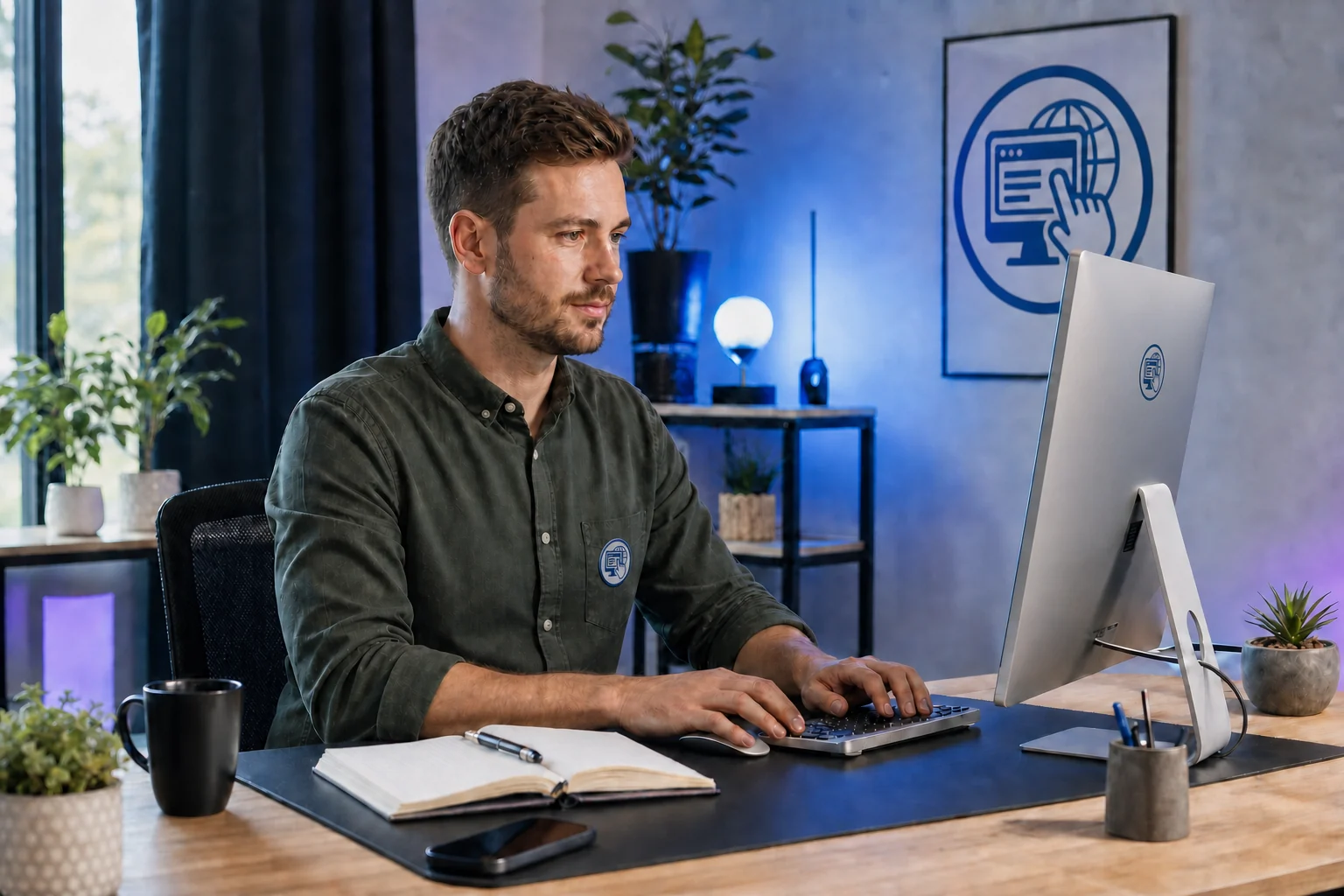 A Rumble Websites professional working at a computer in a branded office.