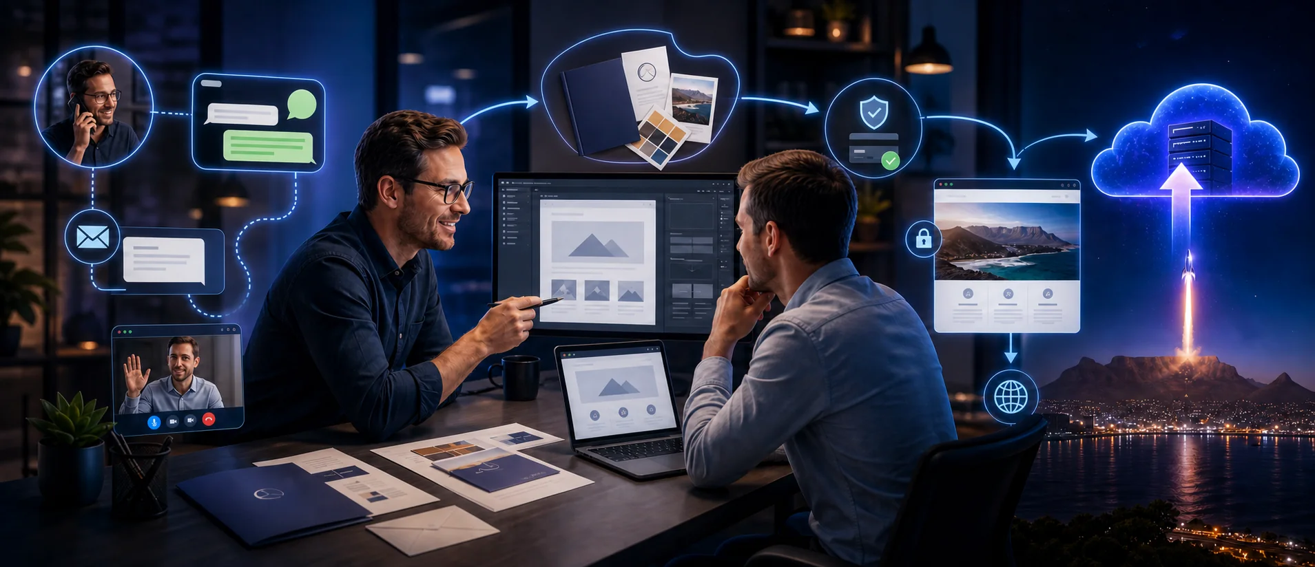 A web developer and client collaborating through consultation, website review and launch.