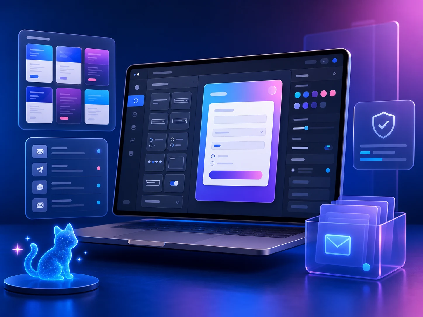 A premium visual representation of the RumbleForms form builder, templates, secure delivery and enquiry inbox.