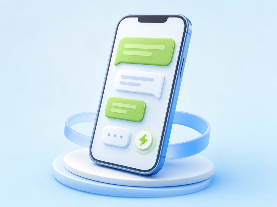 A dimensional mobile chat interface representing fast WhatsApp communication.