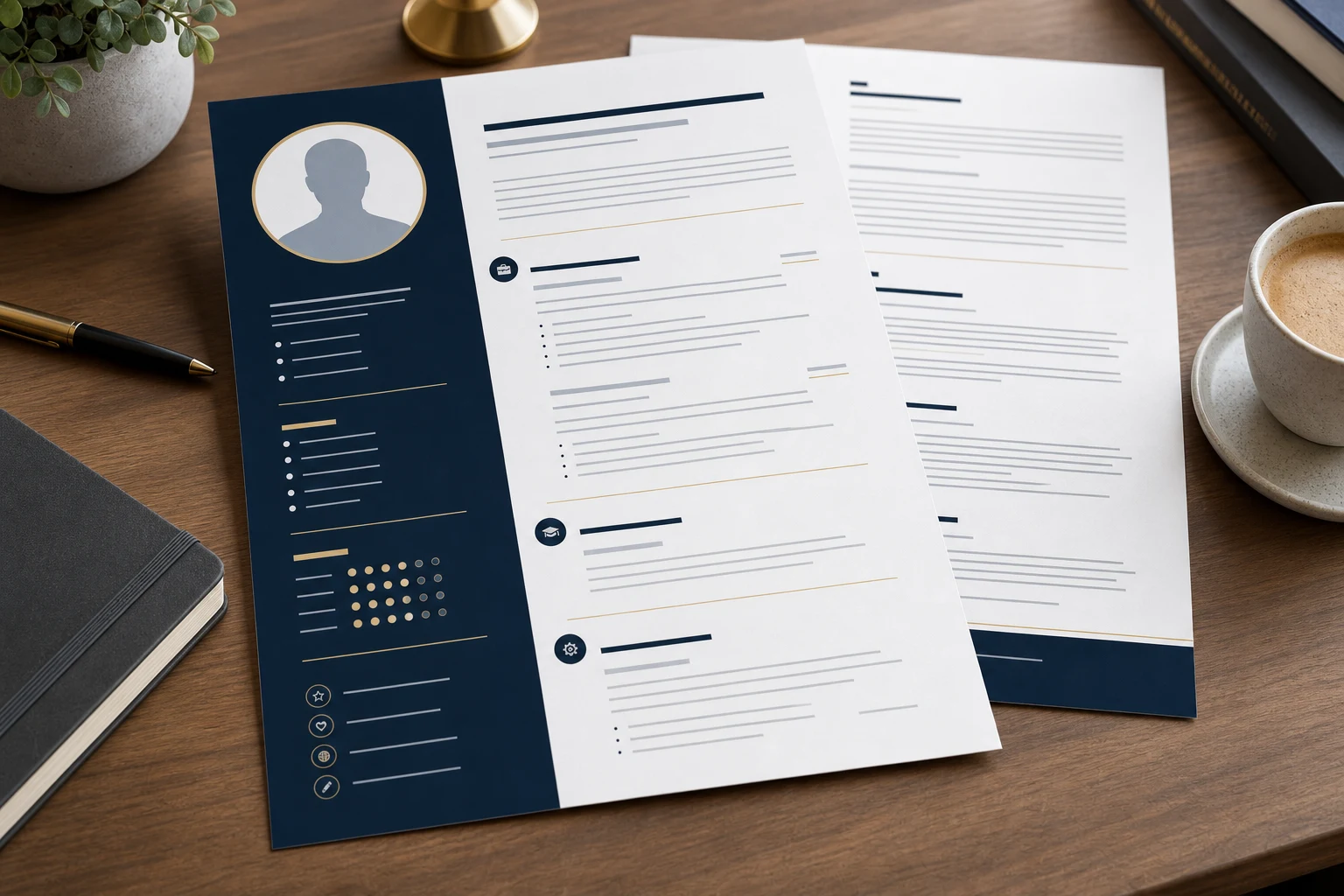 A fictional two-page professional CV with a navy sidebar and carefully organised sections.