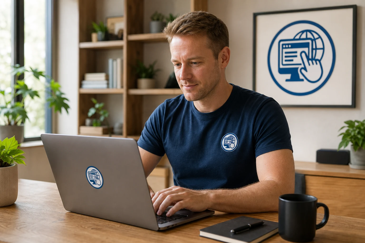 A RumbleWebsites professional working on a laptop in a branded office.