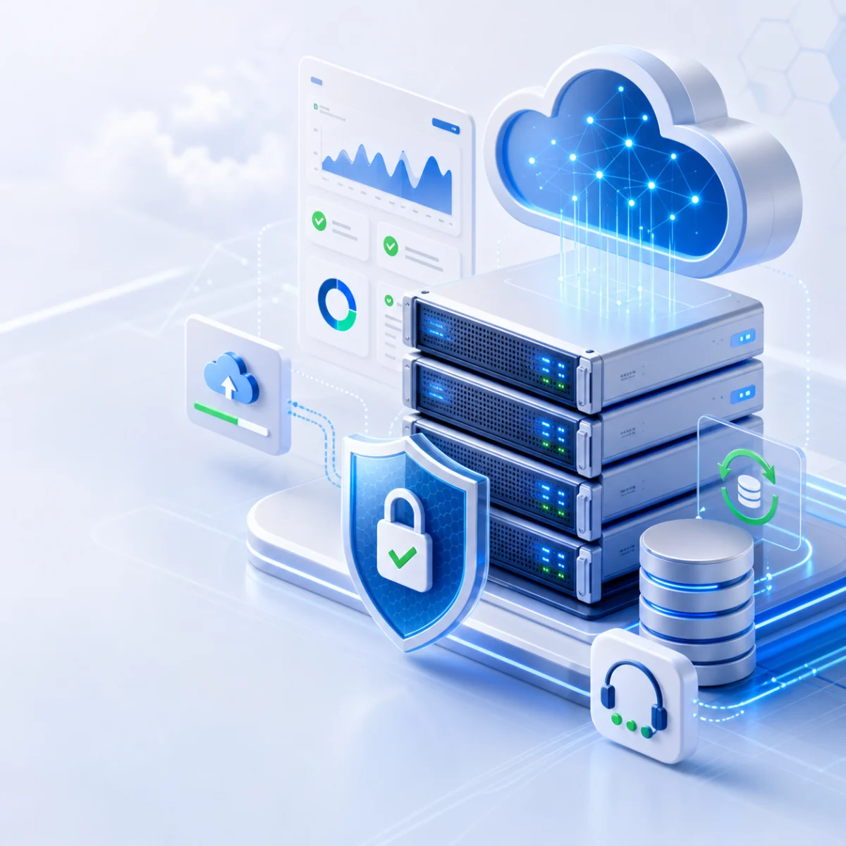 Modern server infrastructure connected to secure cloud hosting, backups and SSL protection.