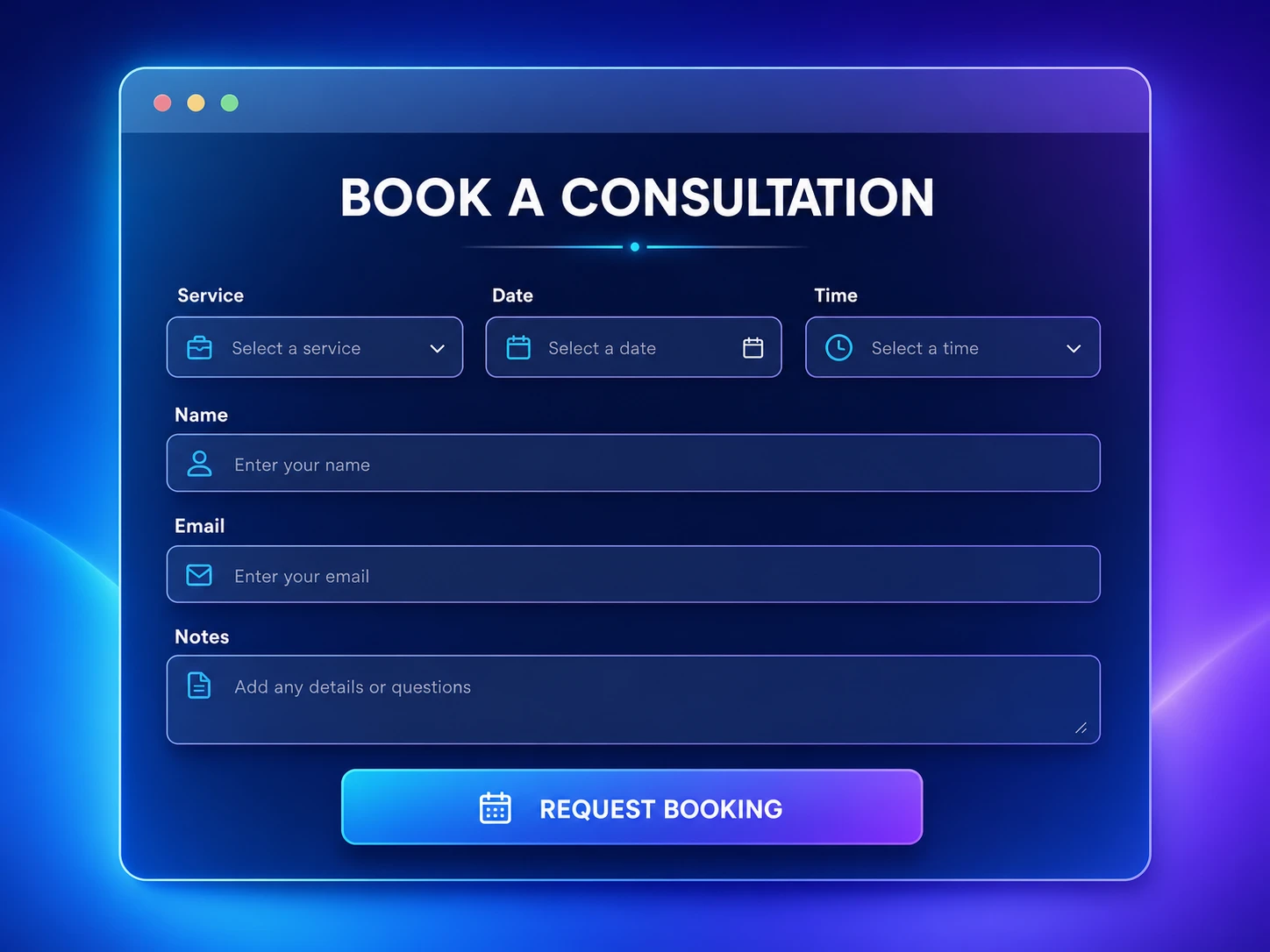 A website booking form with service, date, time and contact fields.