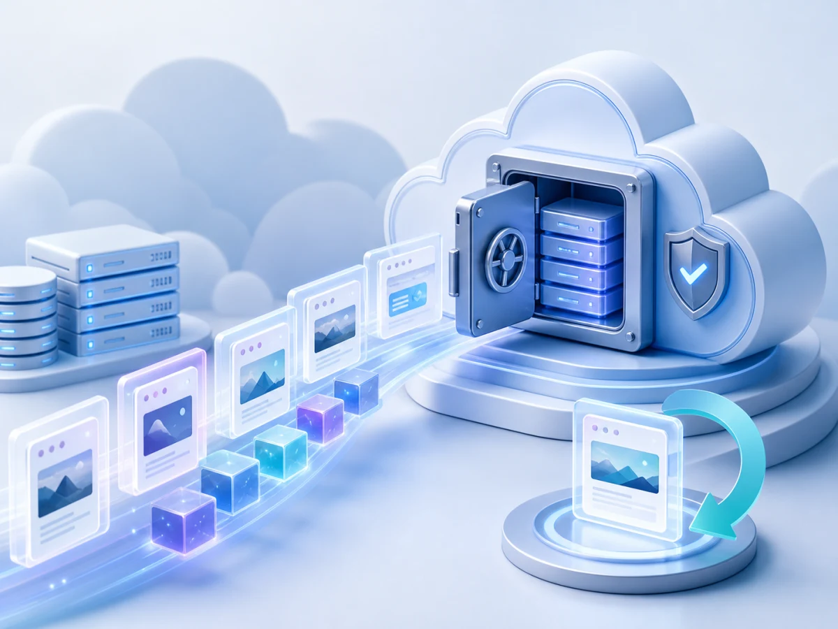 Website backup snapshots moving securely into a protected cloud archive with a recovery option.